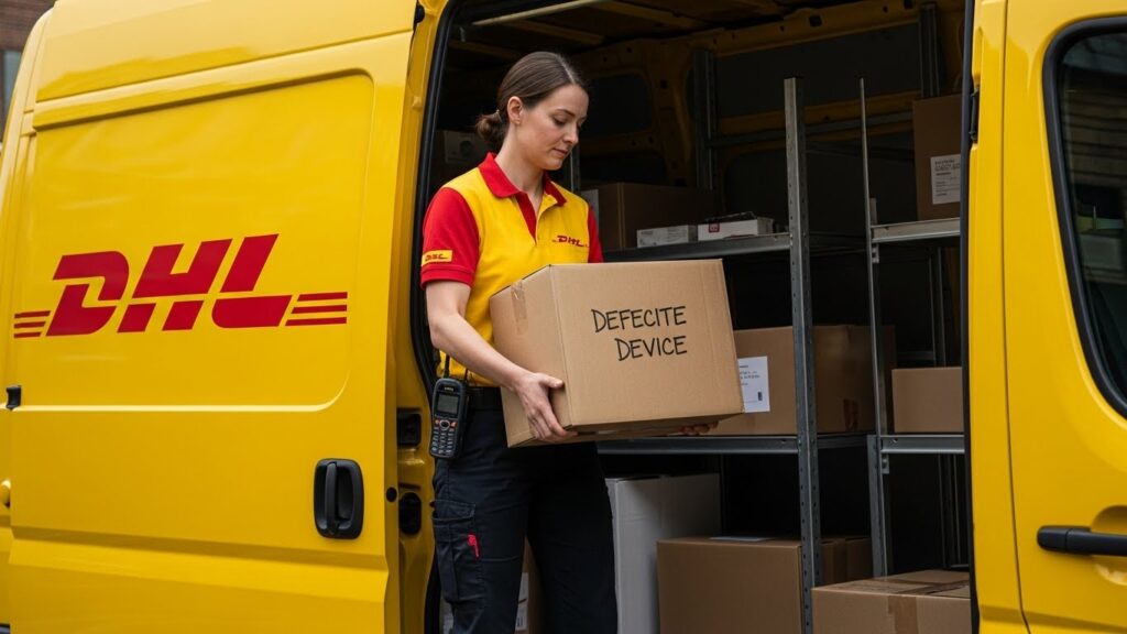 Kostenlose Abholung defekter Geräte in ganz Deutschland – Ein DHL-Mitarbeiter holt das defekte Gerät ab und verlädt es in den DHL-Transporter